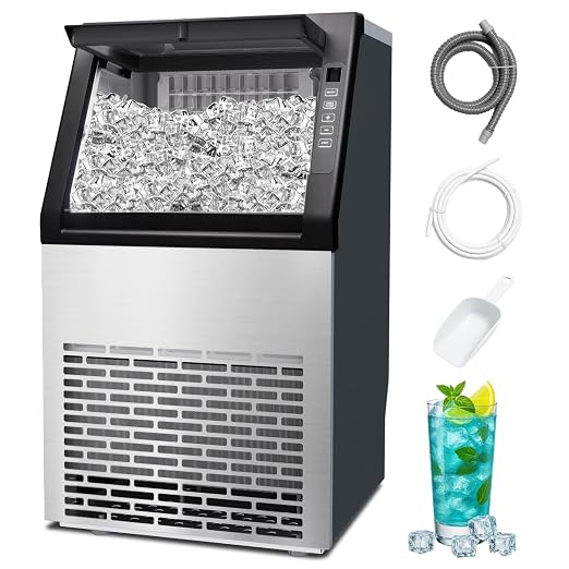 Commercial Ice Machine, 100LBS/Day Freestanding Large Ice Maker | 36 Cubes in 11Mins, 24H Timer, Self-Cleaning, Stainless Steel, Ideal for Restaurant, Bars, Home and Offices