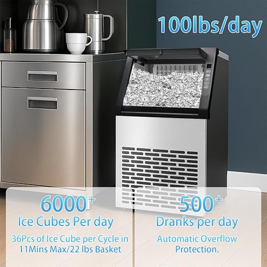 Commercial Ice Machine, 100LBS/Day Freestanding Large Ice Maker | 36 Cubes in 11Mins, 24H Timer, Self-Cleaning, Stainless Steel, Ideal for Restaurant, Bars, Home and Offices