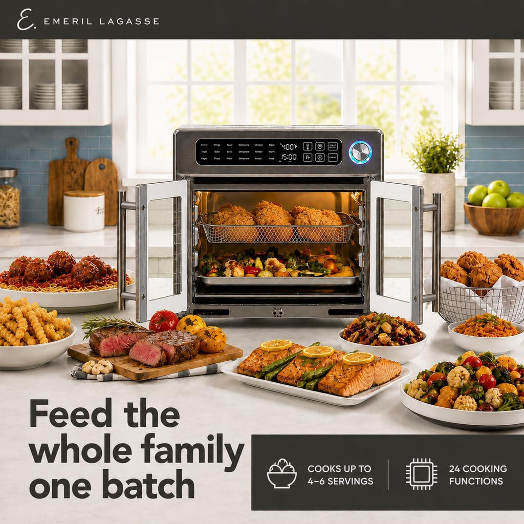 Emeril Lagasse 26QT French Door Multi-Function Air Fryer Toaster Oven | 26QT air fryer oven with French doors, 24 cooking functions, dual-speed fan and rotisserie for easy family meals.