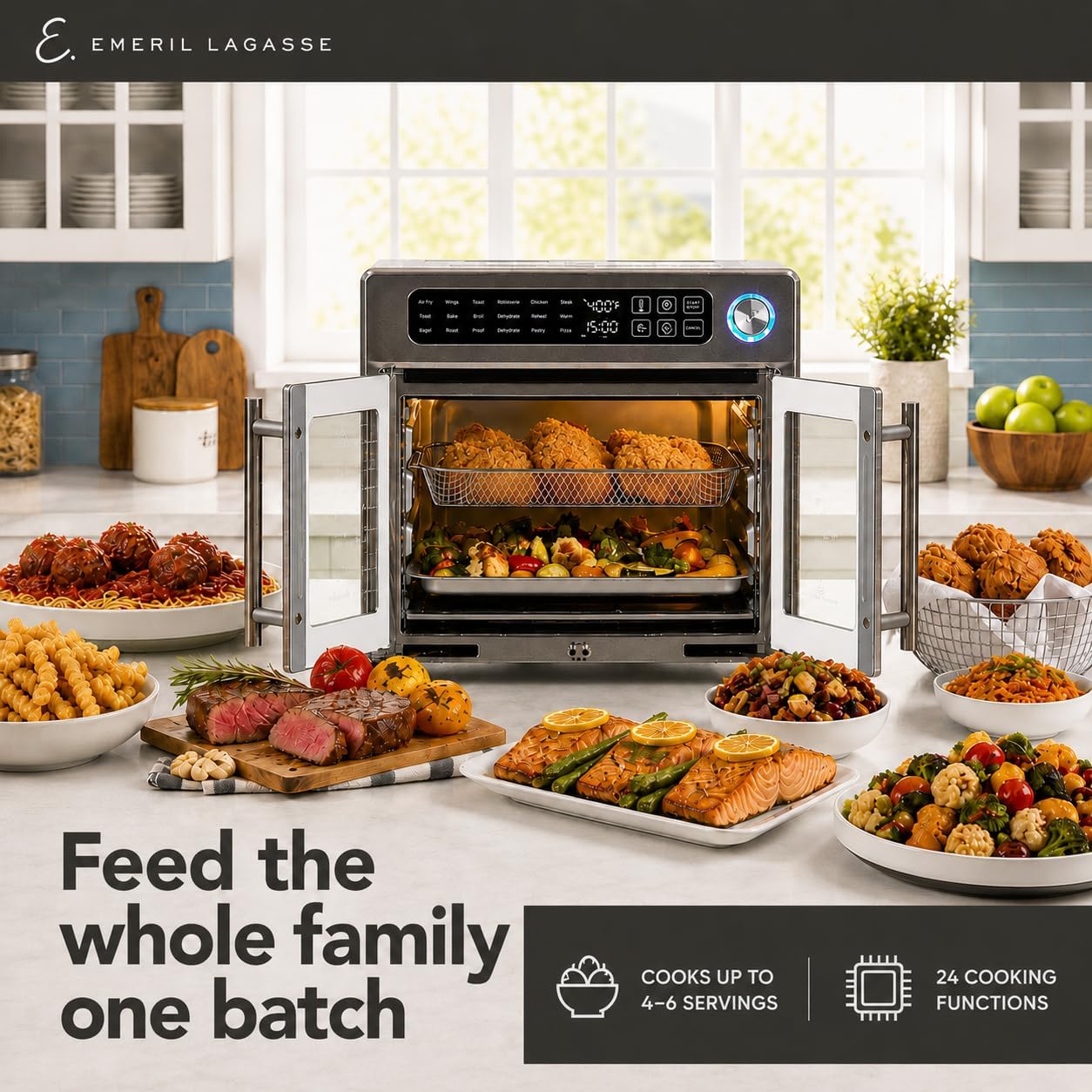 Emeril Lagasse 26QT French Door Multi-Function Air Fryer Toaster Oven | 26QT air fryer oven with French doors, 24 cooking functions, dual-speed fan and rotisserie for easy family meals.