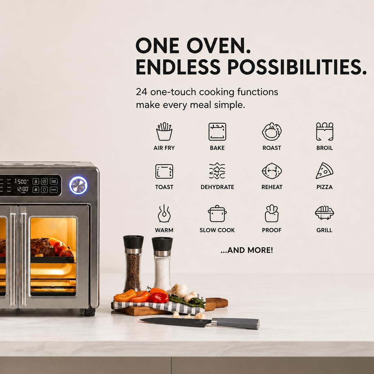 Emeril Lagasse 26QT French Door Multi-Function Air Fryer Toaster Oven | 26QT air fryer oven with French doors, 24 cooking functions, dual-speed fan and rotisserie for easy family meals.