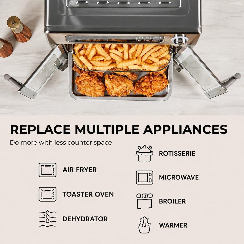 Emeril Lagasse 26QT French Door Multi-Function Air Fryer Toaster Oven | 26QT air fryer oven with French doors, 24 cooking functions, dual-speed fan and rotisserie for easy family meals.