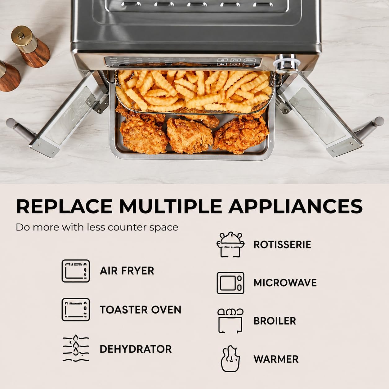 Emeril Lagasse 26QT French Door Multi-Function Air Fryer Toaster Oven | 26QT air fryer oven with French doors, 24 cooking functions, dual-speed fan and rotisserie for easy family meals.