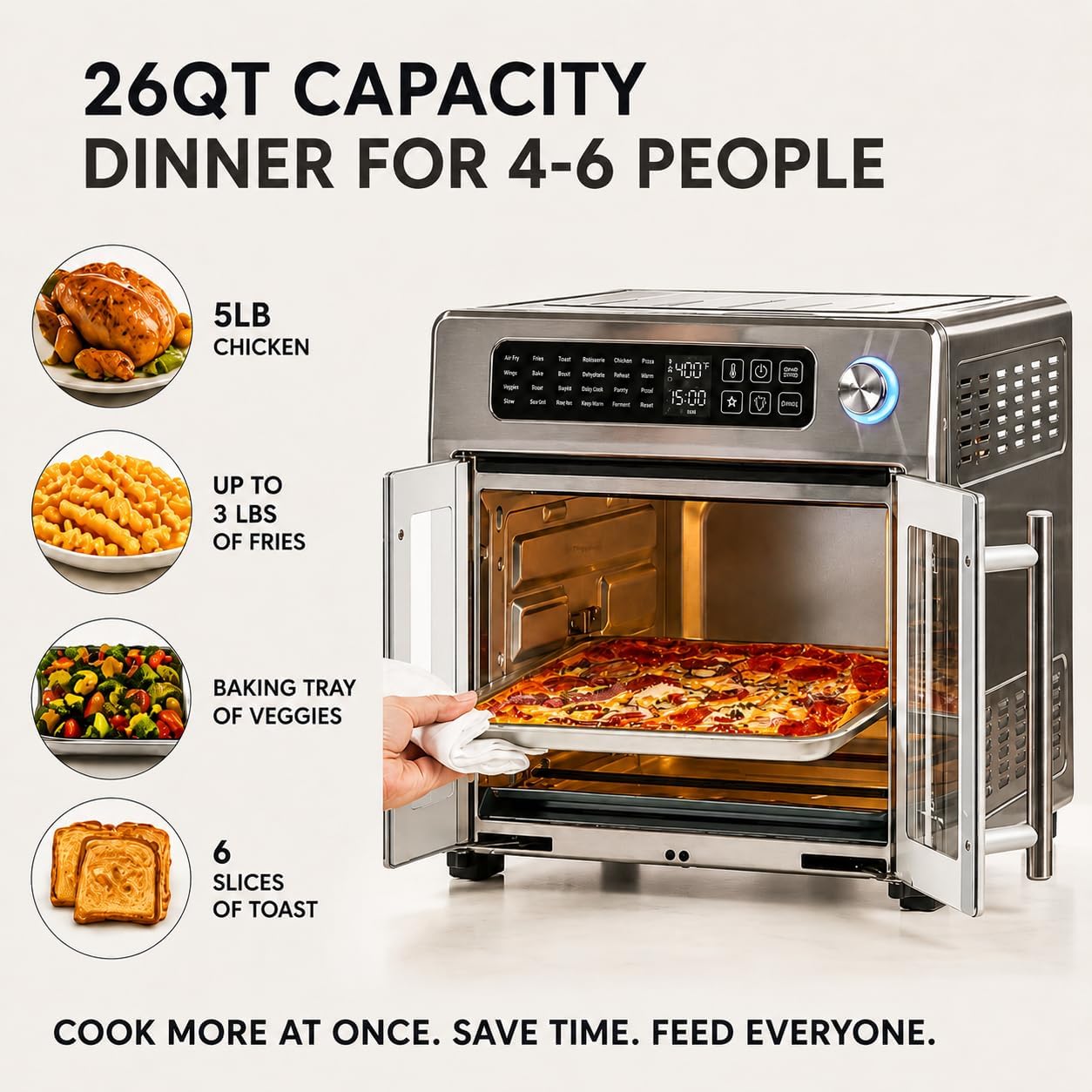 Emeril Lagasse 26QT French Door Multi-Function Air Fryer Toaster Oven | 26QT air fryer oven with French doors, 24 cooking functions, dual-speed fan and rotisserie for easy family meals.