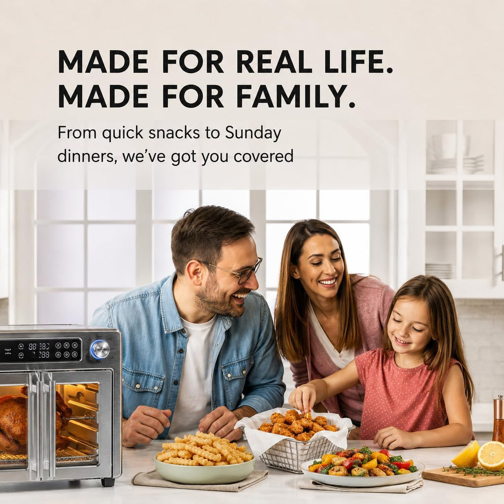 Emeril Lagasse 26QT French Door Multi-Function Air Fryer Toaster Oven | 26QT air fryer oven with French doors, 24 cooking functions, dual-speed fan and rotisserie for easy family meals.