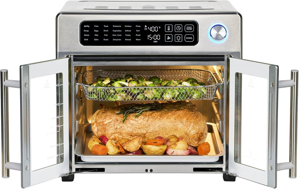 Emeril Lagasse 26QT French Door Multi-Function Air Fryer Toaster Oven | 26QT air fryer oven with French doors, 24 cooking functions, dual-speed fan and rotisserie for easy family meals.
