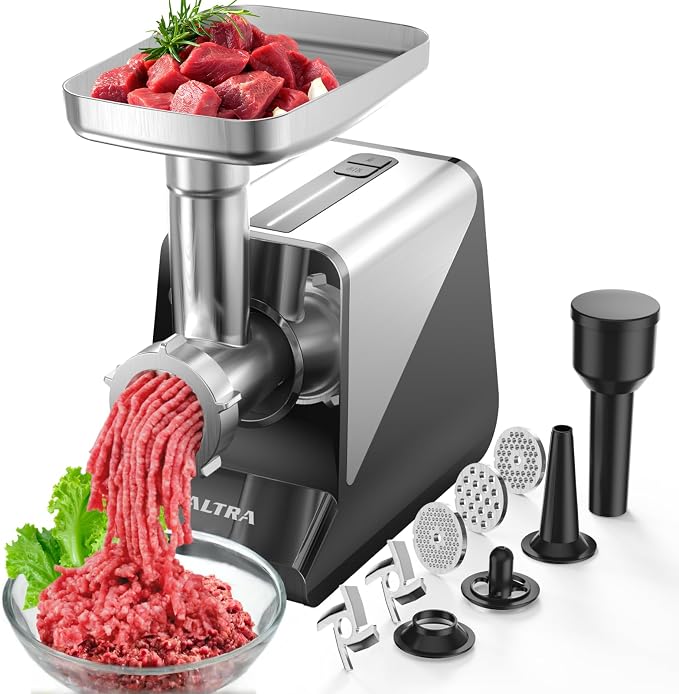 Electric Meat Grinder, 2800W Max Sausage Stuffer with 2 Blades, 3 Plates, Sausage Tube, Vegetable Cheese Grater, 2 Meat Claws, Burger Press & Kubbe Kit for Home use, Built-in Storage