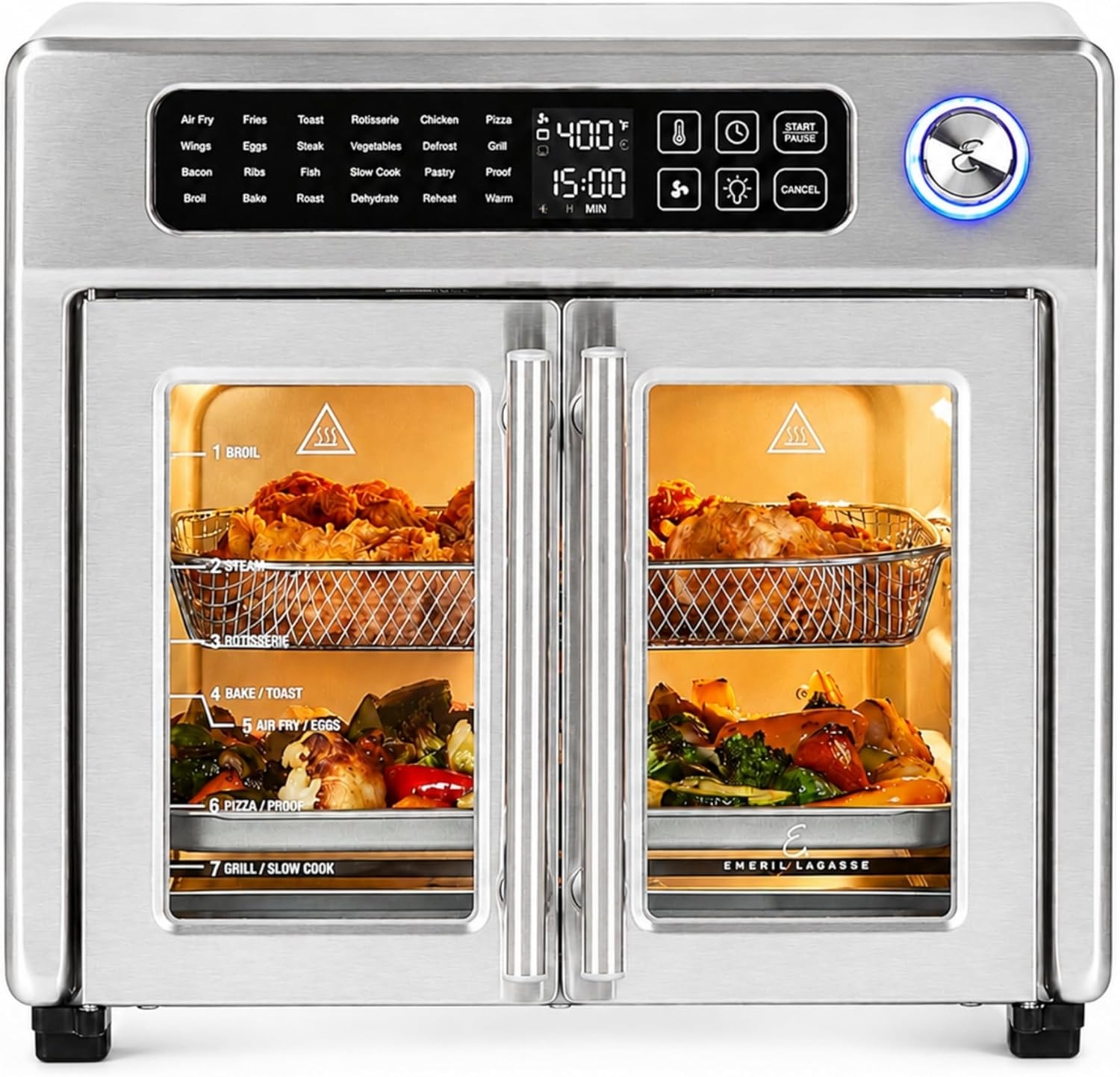 Emeril Lagasse 26QT French Door Multi-Function Air Fryer Toaster Oven | 26QT air fryer oven with French doors, 24 cooking functions, dual-speed fan and rotisserie for easy family meals.
