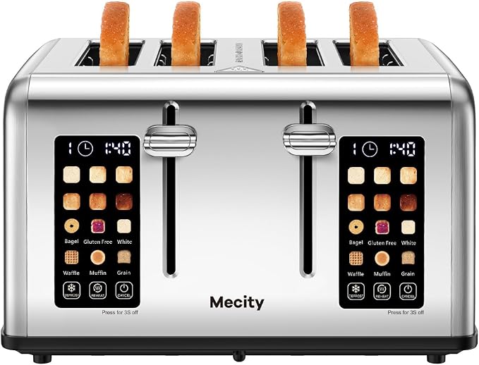 4 Slice Toaster with Touch Screen Control, 4 Wide Slots, Stainless Steel Smart Bread Toaster for Bagels, Muffins, Waffles, Dual Control Panel, Timer, Defrost, Reheat, 120V 1650W