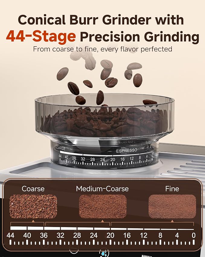 Espresso Machine With Grinder, Temp Control, 44 Grind Settings | Hot & Cold Brew, Cappuccinos & Lattes, Built-in Grinder, Milk Frother, Touch Screen, Easy to Clean, Compact Design, Silver