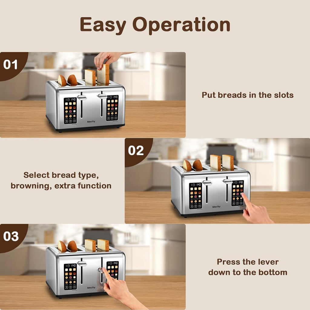 4 Slice Toaster with Touch Screen Control, 4 Wide Slots, Stainless Steel Smart Bread Toaster for Bagels, Muffins, Waffles, Dual Control Panel, Timer, Defrost, Reheat, 120V 1650W