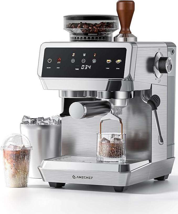 Espresso Machine With Grinder, Temp Control, 44 Grind Settings | Hot & Cold Brew, Cappuccinos & Lattes, Built-in Grinder, Milk Frother, Touch Screen, Easy to Clean, Compact Design, Silver