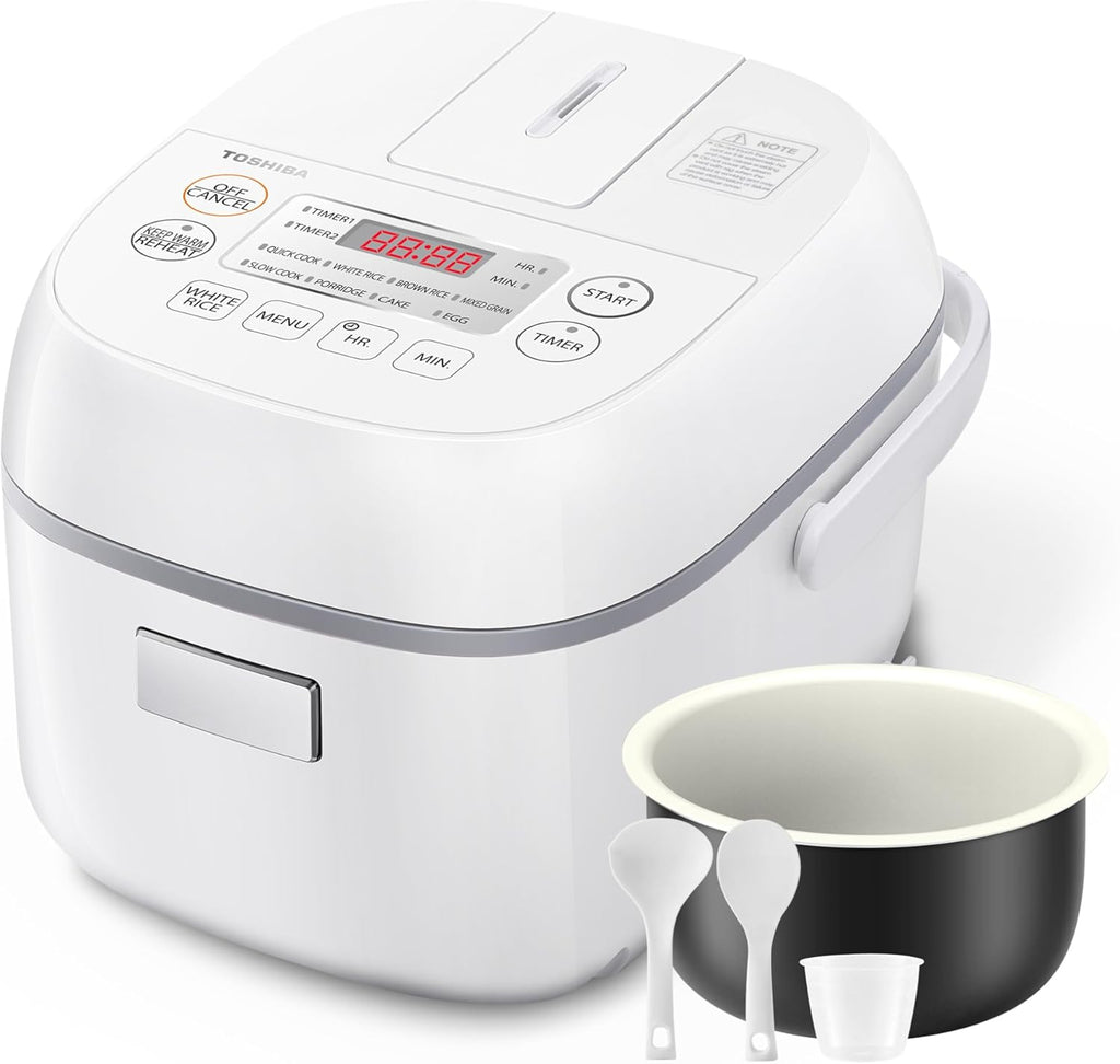 Toshiba Mini Rice Cooker, 3 Cups Uncooked, for 1-3 People, Steamer and Warmer, Fuzzy Logic, One-Touch Cooking, 24-Hour Delay Timer, Auto Keep Warm, White