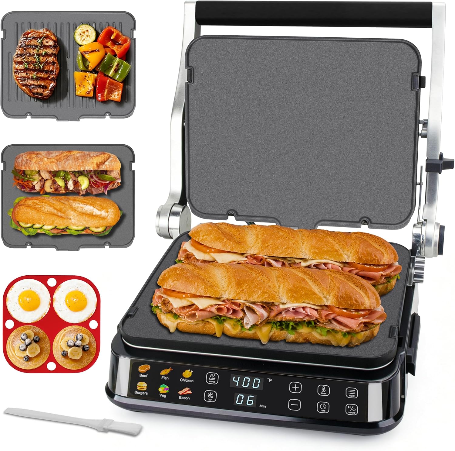 6-in-1 Indoor Grill & Electric Griddle Combo, Panini Press Grill with Removable Plates, PFAS Free Nonstick Coating, Smart Control Panel, 4-Circle Silicone Mold Included, Stainless Steel