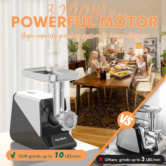 Electric Meat Grinder, 2800W Max Sausage Stuffer with 2 Blades, 3 Plates, Sausage Tube, Vegetable Cheese Grater, 2 Meat Claws, Burger Press & Kubbe Kit for Home use, Built-in Storage