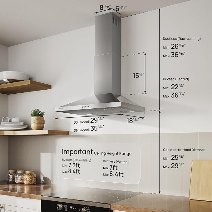 30 inch Wall Mount Range Hood 600 CFM, Ducted or Ductless | Quiet, Charcoal Filters, Stainless Steel Baffle Filters, Push Buttons & Dual LED Lights