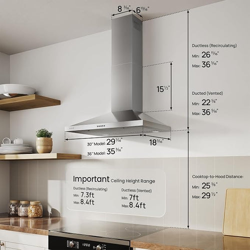 30 inch Wall Mount Range Hood 600 CFM, Ducted or Ductless | Quiet, Charcoal Filters, Stainless Steel Baffle Filters, Push Buttons & Dual LED Lights