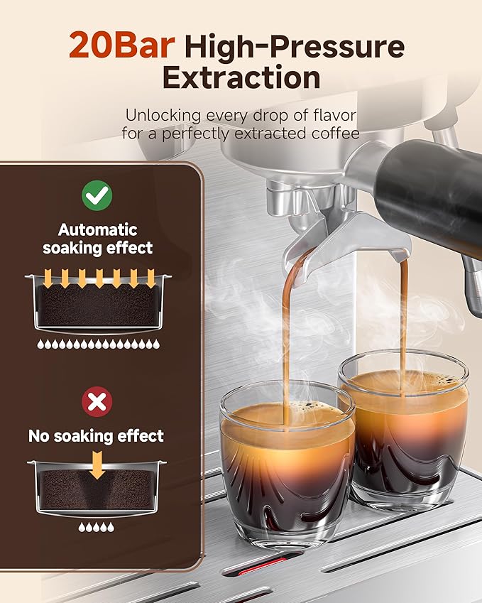 Espresso Machine With Grinder, Temp Control, 44 Grind Settings | Hot & Cold Brew, Cappuccinos & Lattes, Built-in Grinder, Milk Frother, Touch Screen, Easy to Clean, Compact Design, Silver