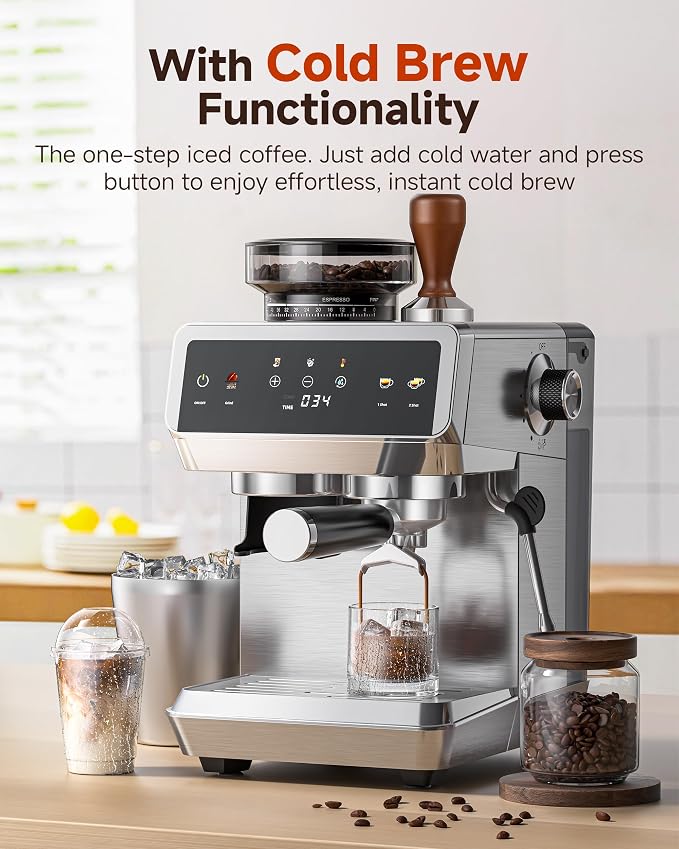 Espresso Machine With Grinder, Temp Control, 44 Grind Settings | Hot & Cold Brew, Cappuccinos & Lattes, Built-in Grinder, Milk Frother, Touch Screen, Easy to Clean, Compact Design, Silver