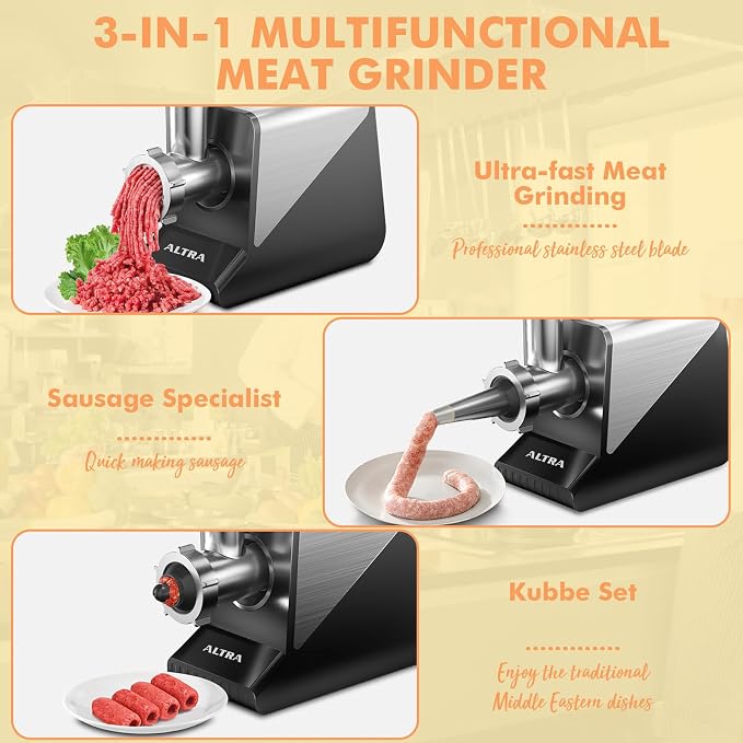 Electric Meat Grinder, 2800W Max Sausage Stuffer with 2 Blades, 3 Plates, Sausage Tube, Vegetable Cheese Grater, 2 Meat Claws, Burger Press & Kubbe Kit for Home use, Built-in Storage