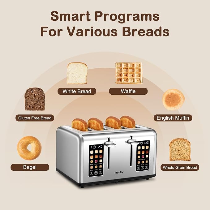 4 Slice Toaster with Touch Screen Control, 4 Wide Slots, Stainless Steel Smart Bread Toaster for Bagels, Muffins, Waffles, Dual Control Panel, Timer, Defrost, Reheat, 120V 1650W