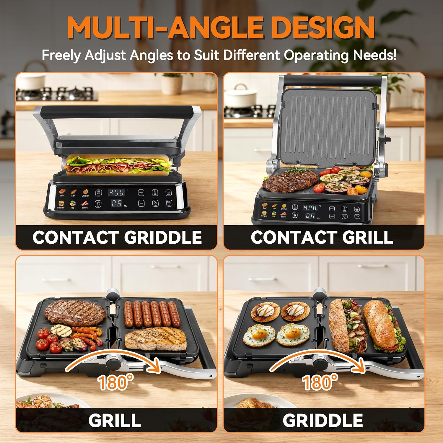 6-in-1 Indoor Grill & Electric Griddle Combo, Panini Press Grill with Removable Plates, PFAS Free Nonstick Coating, Smart Control Panel, 4-Circle Silicone Mold Included, Stainless Steel
