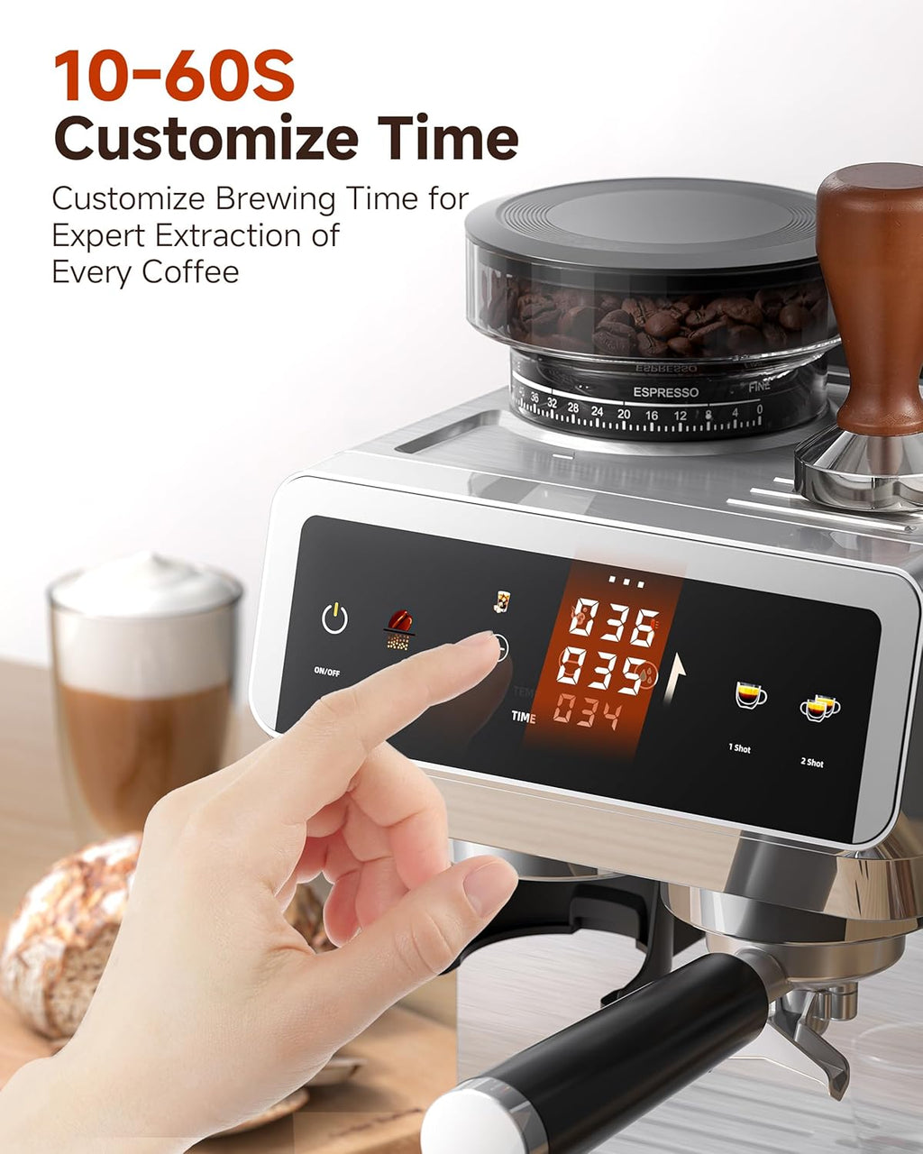 Espresso Machine With Grinder, Temp Control, 44 Grind Settings | Hot & Cold Brew, Cappuccinos & Lattes, Built-in Grinder, Milk Frother, Touch Screen, Easy to Clean, Compact Design, Silver