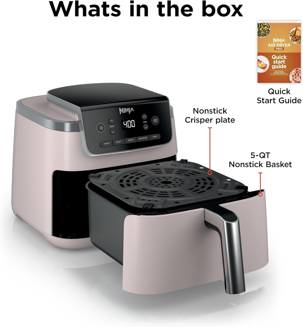 Air Fryer Pro, 5 Qt, 5-in-1, Light Pink, AF142PK | Air fry, bake, roast, reheat, dehydrate, 1750W, 400F max, Fits 4 lbs fries, Dishwasher-safe