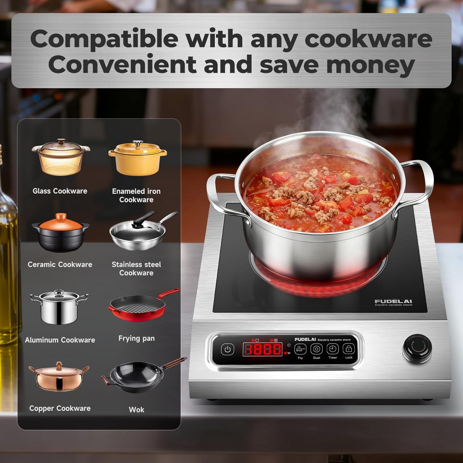 1800WCommercial Grade Induction Cooktop Countertop Burner hot Plate | 9 Power Levels, Infrared Electric Burner, EUROKERA Micro-Ceramic Panel, Timer & Safety Lock, Restaurant & Home Kitchen Use