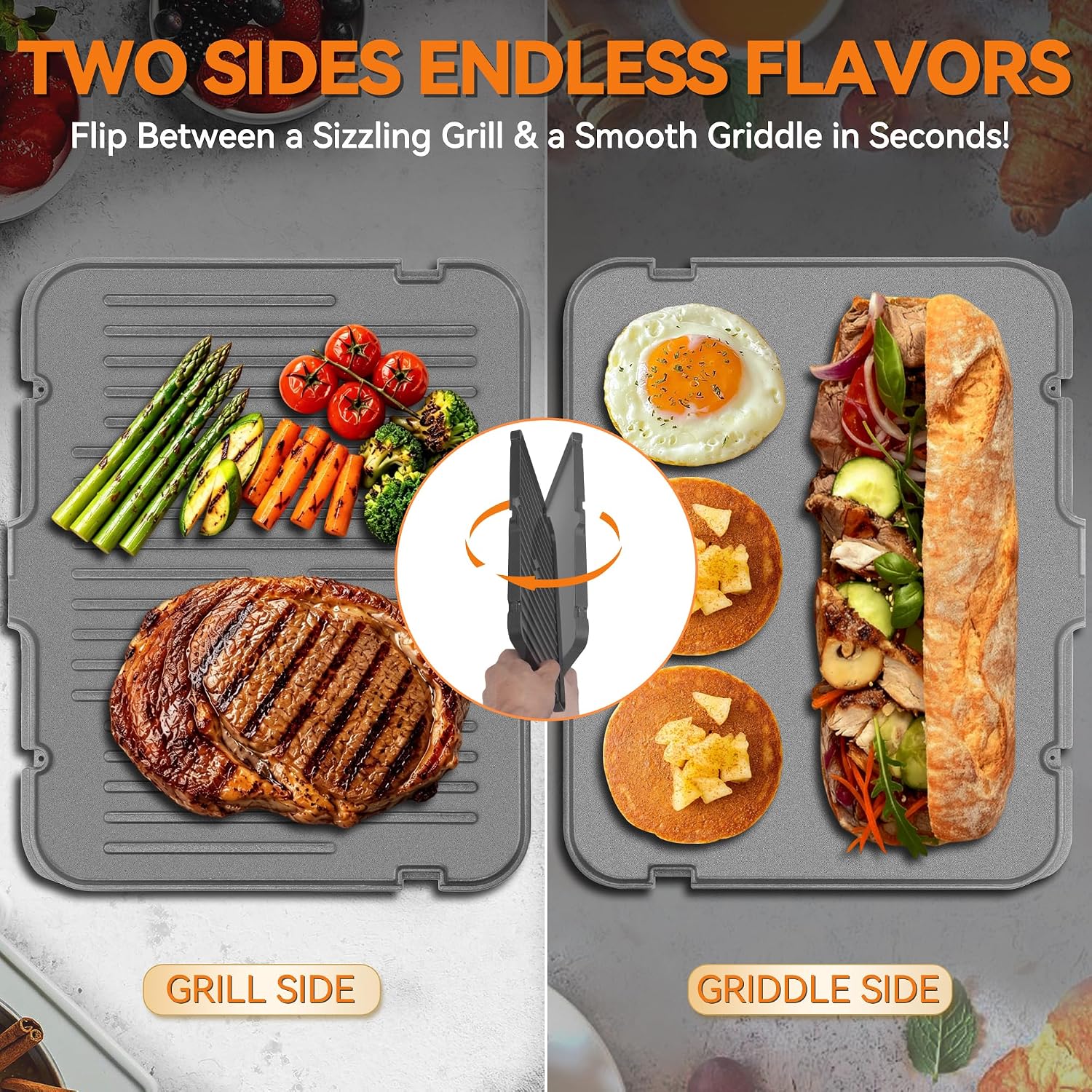 6-in-1 Indoor Grill & Electric Griddle Combo, Panini Press Grill with Removable Plates, PFAS Free Nonstick Coating, Smart Control Panel, 4-Circle Silicone Mold Included, Stainless Steel