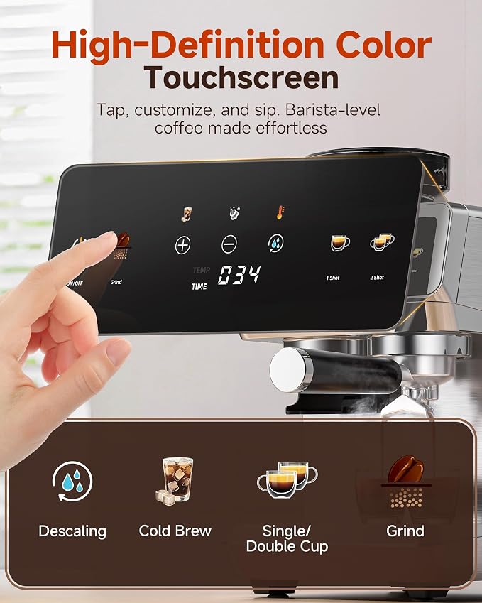 Espresso Machine With Grinder, Temp Control, 44 Grind Settings | Hot & Cold Brew, Cappuccinos & Lattes, Built-in Grinder, Milk Frother, Touch Screen, Easy to Clean, Compact Design, Silver