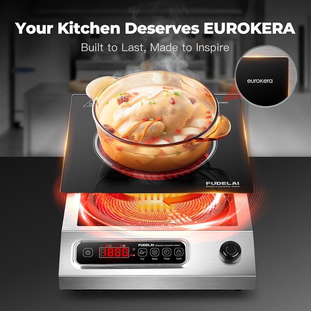 1800WCommercial Grade Induction Cooktop Countertop Burner hot Plate | 9 Power Levels, Infrared Electric Burner, EUROKERA Micro-Ceramic Panel, Timer & Safety Lock, Restaurant & Home Kitchen Use