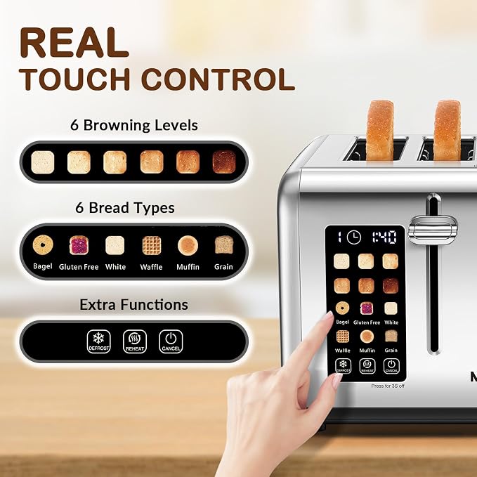 4 Slice Toaster with Touch Screen Control, 4 Wide Slots, Stainless Steel Smart Bread Toaster for Bagels, Muffins, Waffles, Dual Control Panel, Timer, Defrost, Reheat, 120V 1650W