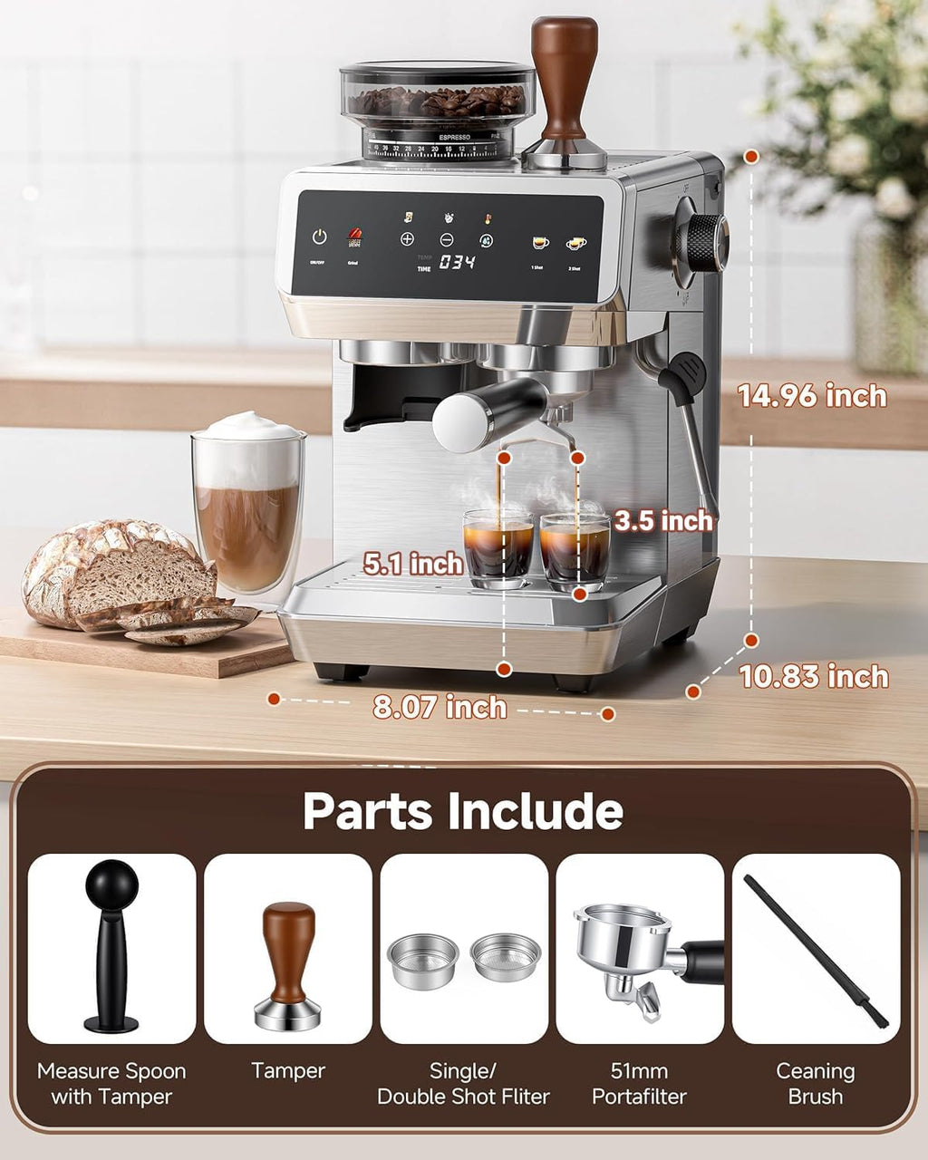 Espresso Machine With Grinder, Temp Control, 44 Grind Settings | Hot & Cold Brew, Cappuccinos & Lattes, Built-in Grinder, Milk Frother, Touch Screen, Easy to Clean, Compact Design, Silver