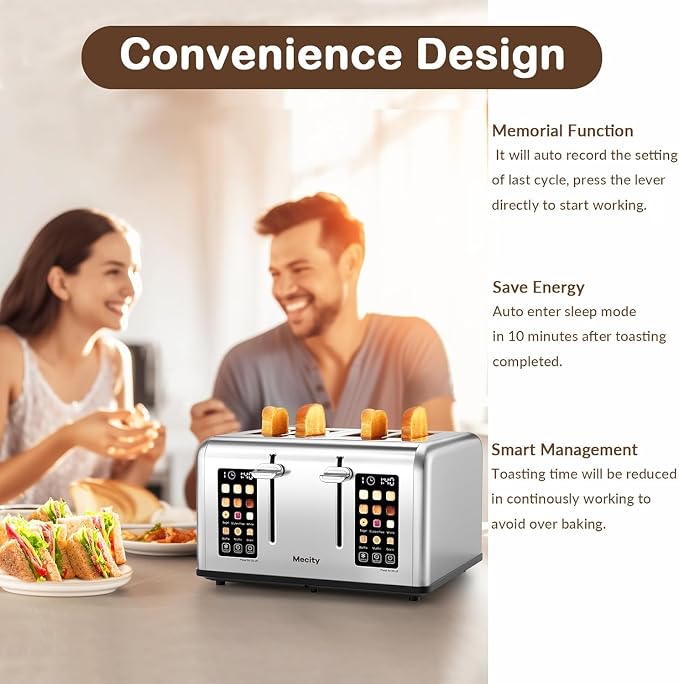 4 Slice Toaster with Touch Screen Control, 4 Wide Slots, Stainless Steel Smart Bread Toaster for Bagels, Muffins, Waffles, Dual Control Panel, Timer, Defrost, Reheat, 120V 1650W