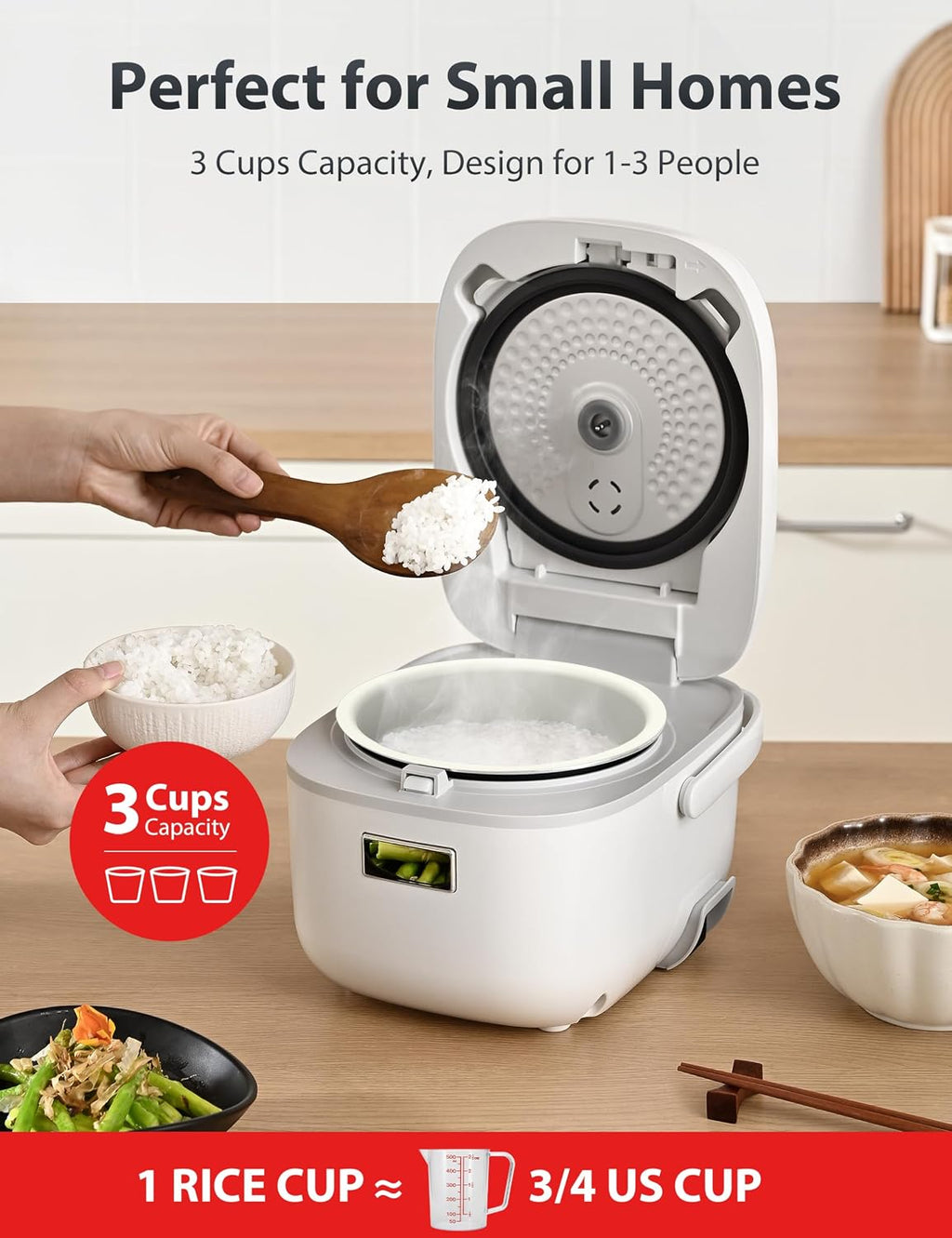 Toshiba Mini Rice Cooker, 3 Cups Uncooked, for 1-3 People, Steamer and Warmer, Fuzzy Logic, One-Touch Cooking, 24-Hour Delay Timer, Auto Keep Warm, White