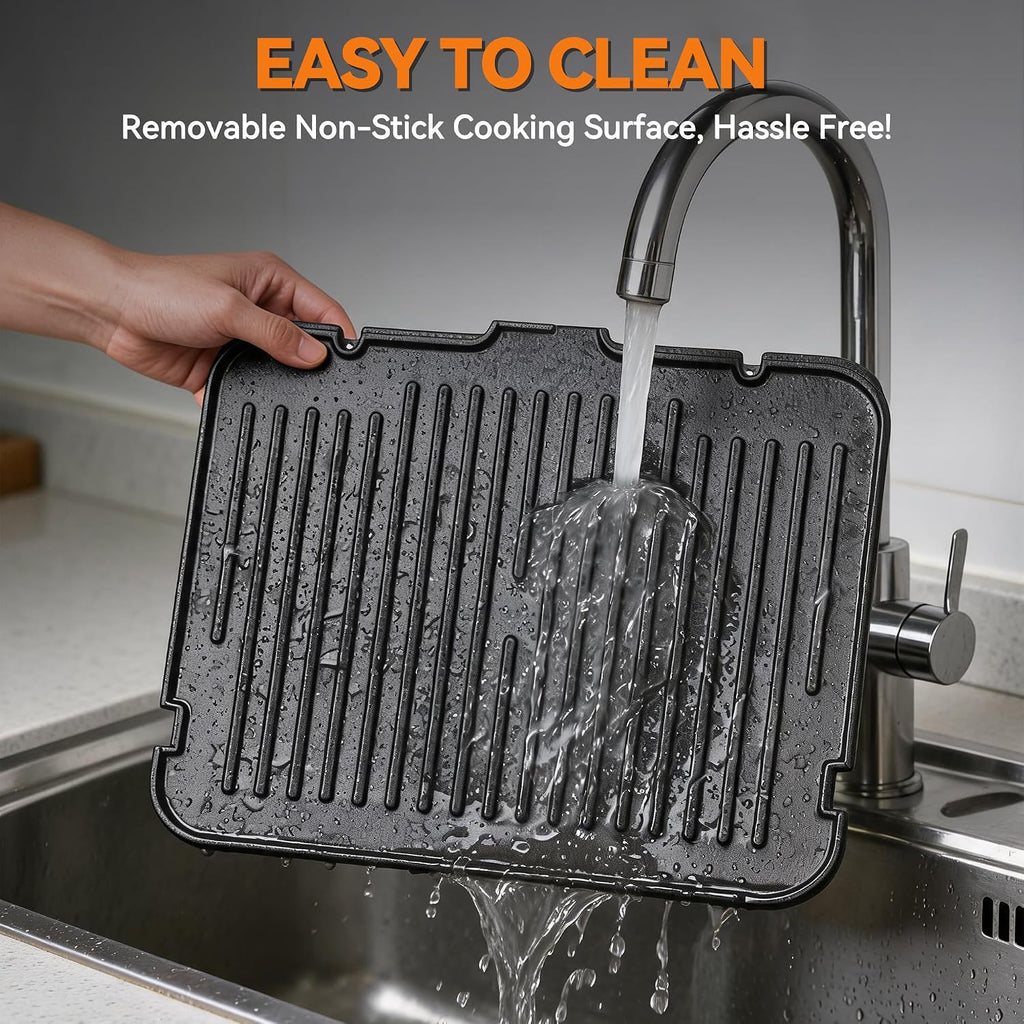 6-in-1 Indoor Grill & Electric Griddle Combo, Panini Press Grill with Removable Plates, PFAS Free Nonstick Coating, Smart Control Panel, 4-Circle Silicone Mold Included, Stainless Steel