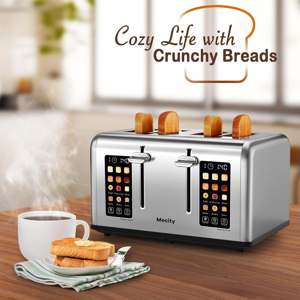 4 Slice Toaster with Touch Screen Control, 4 Wide Slots, Stainless Steel Smart Bread Toaster for Bagels, Muffins, Waffles, Dual Control Panel, Timer, Defrost, Reheat, 120V 1650W