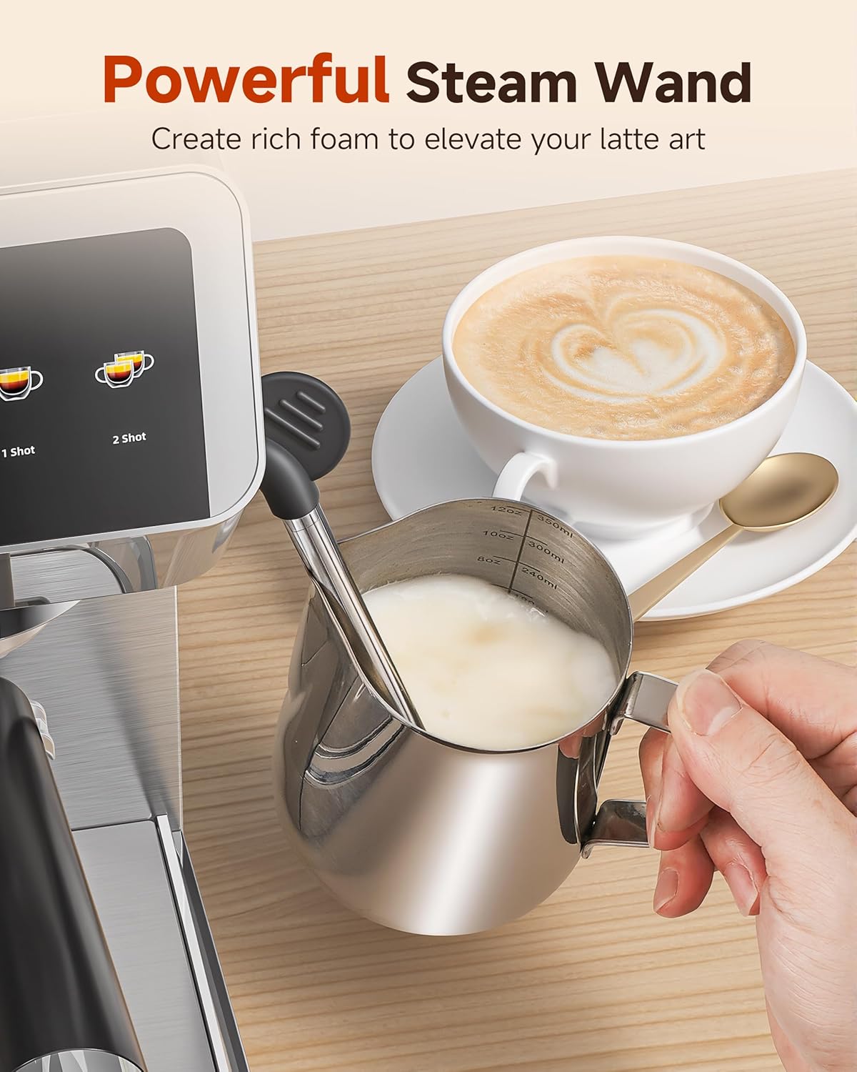 Espresso Machine With Grinder, Temp Control, 44 Grind Settings | Hot & Cold Brew, Cappuccinos & Lattes, Built-in Grinder, Milk Frother, Touch Screen, Easy to Clean, Compact Design, Silver