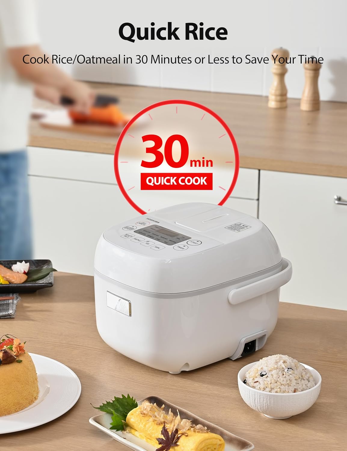 Toshiba Mini Rice Cooker, 3 Cups Uncooked, for 1-3 People, Steamer and Warmer, Fuzzy Logic, One-Touch Cooking, 24-Hour Delay Timer, Auto Keep Warm, White
