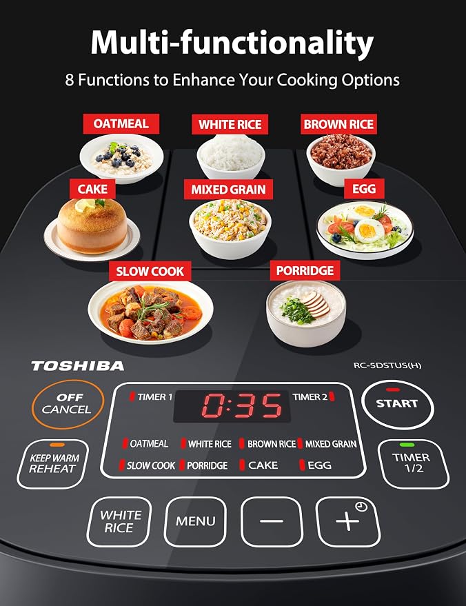 Toshiba Mini Rice Cooker, 3 Cups Uncooked, for 1-3 People, Steamer and Warmer, Fuzzy Logic, One-Touch Cooking, 24-Hour Delay Timer, Auto Keep Warm, White