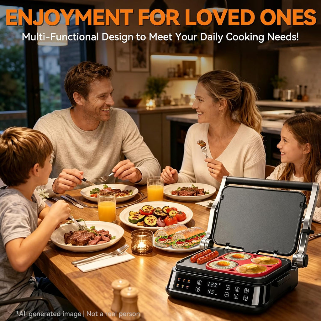 6-in-1 Indoor Grill & Electric Griddle Combo, Panini Press Grill with Removable Plates, PFAS Free Nonstick Coating, Smart Control Panel, 4-Circle Silicone Mold Included, Stainless Steel