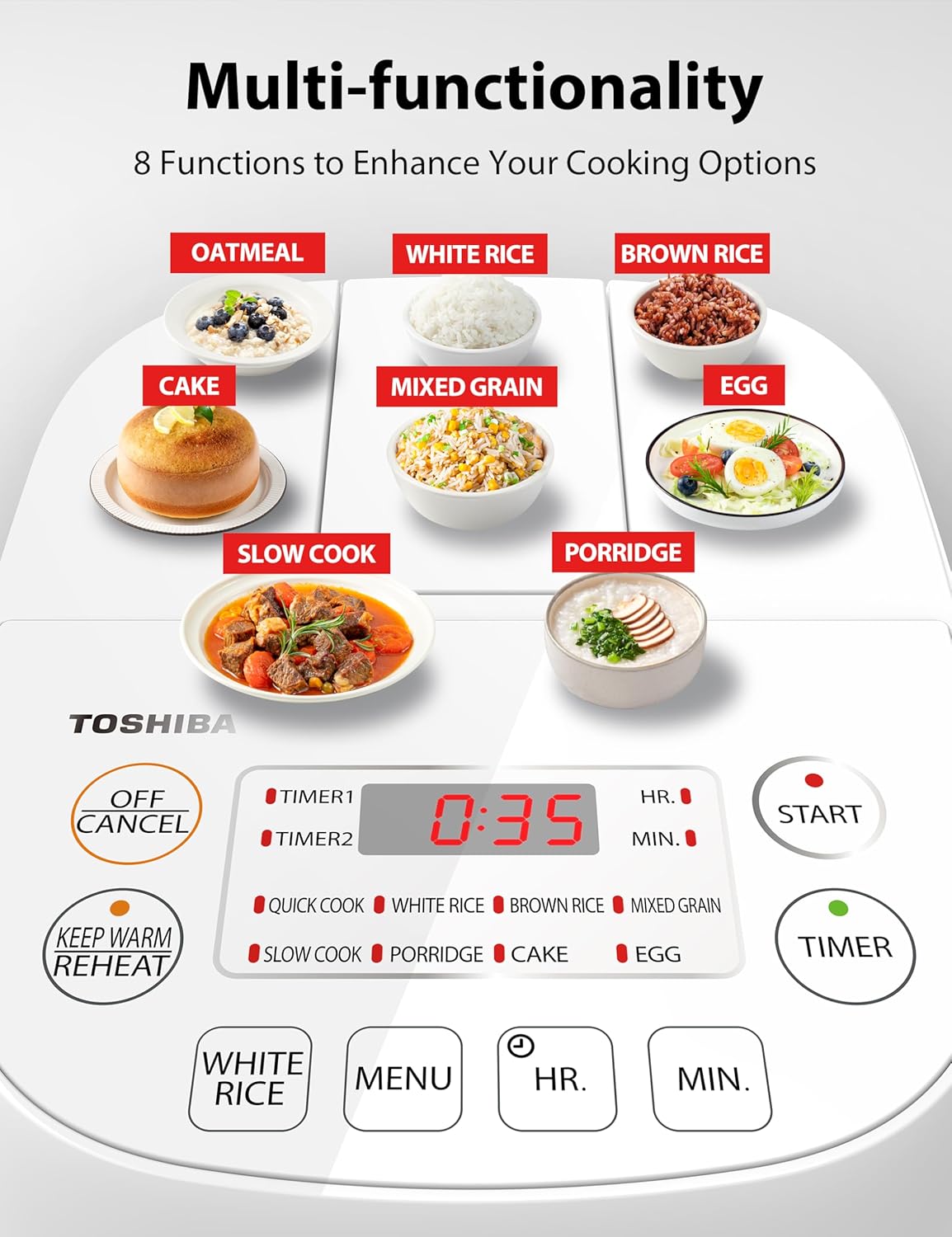Toshiba Mini Rice Cooker, 3 Cups Uncooked, for 1-3 People, Steamer and Warmer, Fuzzy Logic, One-Touch Cooking, 24-Hour Delay Timer, Auto Keep Warm, White