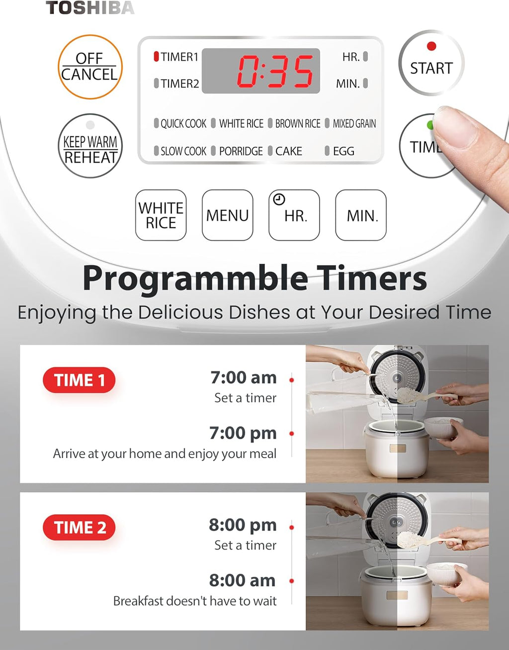 Toshiba Mini Rice Cooker, 3 Cups Uncooked, for 1-3 People, Steamer and Warmer, Fuzzy Logic, One-Touch Cooking, 24-Hour Delay Timer, Auto Keep Warm, White