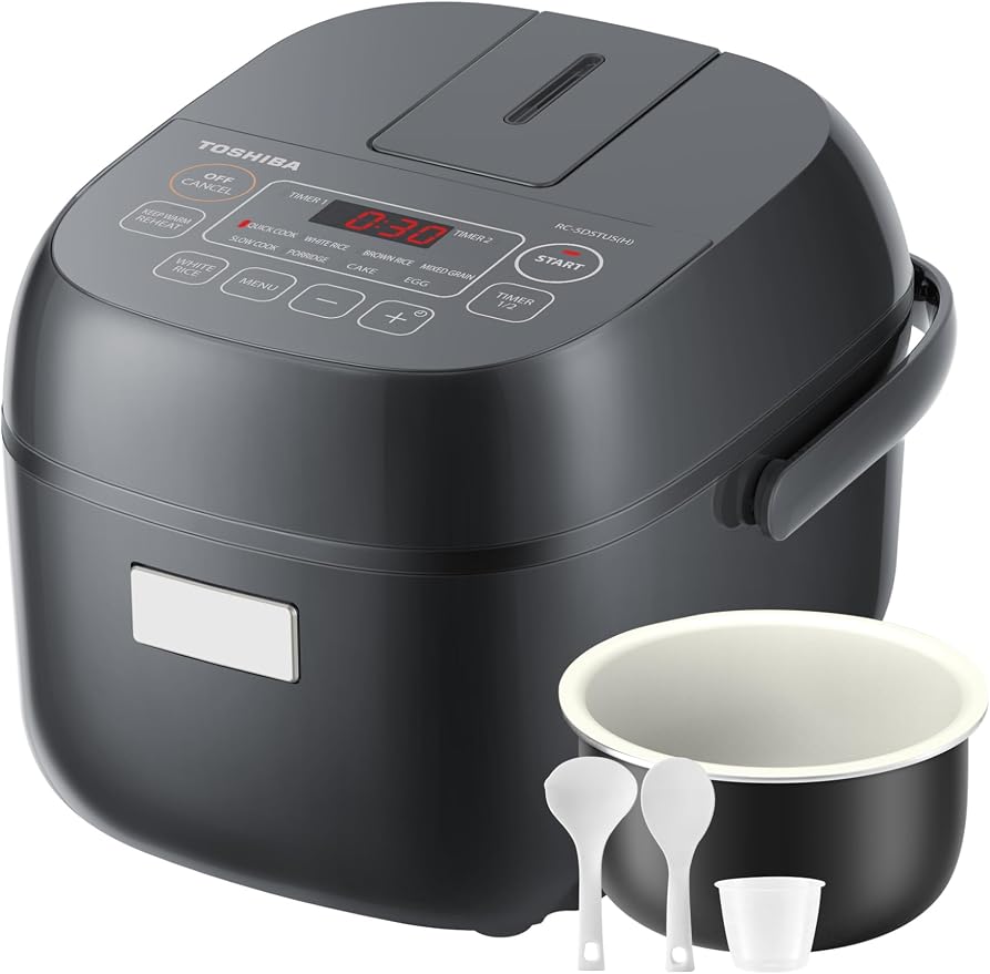 Toshiba Mini Rice Cooker, 3 Cups Uncooked, for 1-3 People, Steamer and Warmer, Fuzzy Logic, One-Touch Cooking, 24-Hour Delay Timer, Auto Keep Warm, White