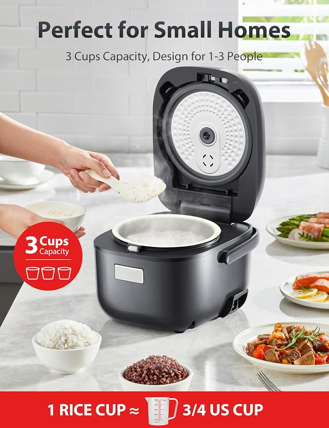 Toshiba Mini Rice Cooker, 3 Cups Uncooked, for 1-3 People, Steamer and Warmer, Fuzzy Logic, One-Touch Cooking, 24-Hour Delay Timer, Auto Keep Warm, White